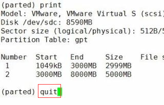 输入“quit”退出parted工具