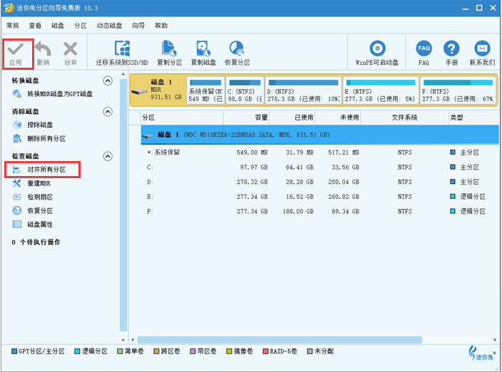 安装运行迷你兔分区向导,在软件的主界面里可以看到电脑硬盘的基本情况(内存使用情况、文件系统格式、分区类型等),选中需要分区对齐的硬盘或硬盘分区,再点击左侧的“对齐所有分区”,最后点击“应用”即可完成分区对齐